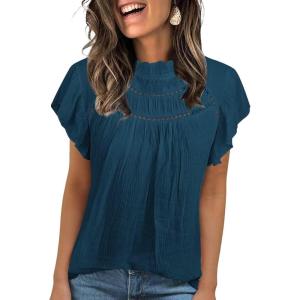 imageBlouses for Women Summer Tops 2025 Trendy Ruffle Sleeves Mock Neck T Shirts Pleated Front Loose Fit Work BlousePeacock Blue