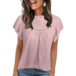 imageBlouses for Women Summer Tops 2025 Trendy Ruffle Sleeves Mock Neck T Shirts Pleated Front Loose Fit Work BlousePink