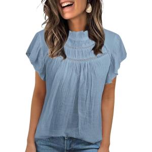 imageBlouses for Women Summer Tops 2025 Trendy Ruffle Sleeves Mock Neck T Shirts Pleated Front Loose Fit Work BlouseSky Blue