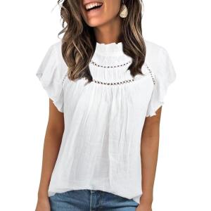 imageBlouses for Women Summer Tops 2025 Trendy Ruffle Sleeves Mock Neck T Shirts Pleated Front Loose Fit Work BlouseWhite
