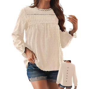 imageWomens Boho Tops Long Sleeve Shirts For Women Cute Crewneck Blouse Dressy Casual Swiss Dot Crochet Hollow Top 2025Apricot