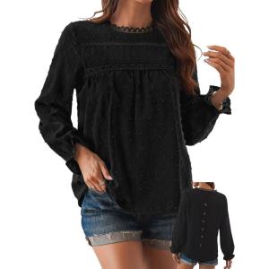 imageWomens Boho Tops Long Sleeve Shirts For Women Cute Crewneck Blouse Dressy Casual Swiss Dot Crochet Hollow Top 2025Black