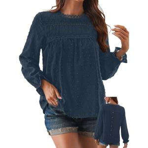 imageWomens Boho Tops Long Sleeve Shirts For Women Cute Crewneck Blouse Dressy Casual Swiss Dot Crochet Hollow Top 2025Blue