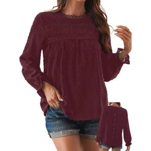 imageWomens Boho Tops Long Sleeve Shirts For Women Cute Crewneck Blouse Dressy Casual Swiss Dot Crochet Hollow Top 2025Burgundy