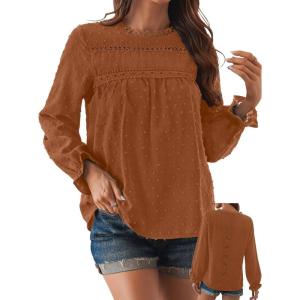 imageWomens Boho Tops Long Sleeve Shirts For Women Cute Crewneck Blouse Dressy Casual Swiss Dot Crochet Hollow Top 2025Caramel