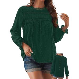 imageWomens Boho Tops Long Sleeve Shirts For Women Cute Crewneck Blouse Dressy Casual Swiss Dot Crochet Hollow Top 2025Dark Green