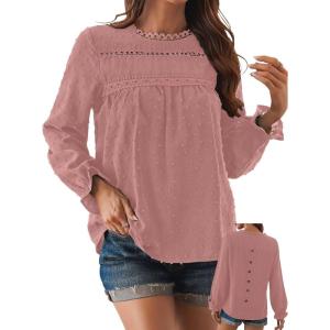 imageWomens Boho Tops Long Sleeve Shirts For Women Cute Crewneck Blouse Dressy Casual Swiss Dot Crochet Hollow Top 2025Dusty Pink