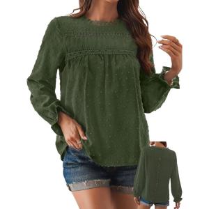 imageWomens Boho Tops Long Sleeve Shirts For Women Cute Crewneck Blouse Dressy Casual Swiss Dot Crochet Hollow Top 2025Green