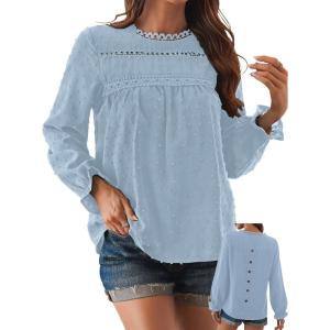 imageWomens Boho Tops Long Sleeve Shirts For Women Cute Crewneck Blouse Dressy Casual Swiss Dot Crochet Hollow Top 2025Light Blue