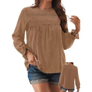 imageWomens Boho Tops Long Sleeve Shirts For Women Cute Crewneck Blouse Dressy Casual Swiss Dot Crochet Hollow Top 2025Light Camel