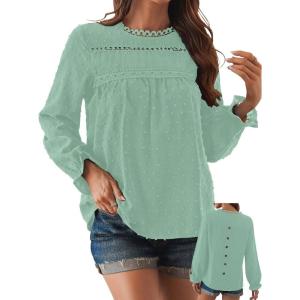 imageWomens Boho Tops Long Sleeve Shirts For Women Cute Crewneck Blouse Dressy Casual Swiss Dot Crochet Hollow Top 2025Light Green
