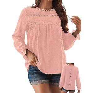 imageWomens Boho Tops Long Sleeve Shirts For Women Cute Crewneck Blouse Dressy Casual Swiss Dot Crochet Hollow Top 2025Pink