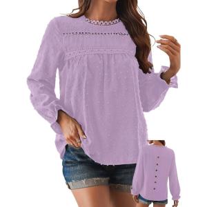 imageWomens Boho Tops Long Sleeve Shirts For Women Cute Crewneck Blouse Dressy Casual Swiss Dot Crochet Hollow Top 2025Purple