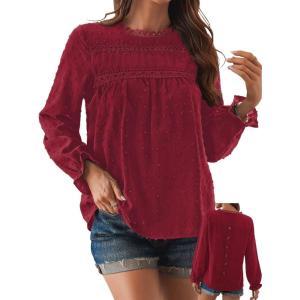 imageWomens Boho Tops Long Sleeve Shirts For Women Cute Crewneck Blouse Dressy Casual Swiss Dot Crochet Hollow Top 2025Red