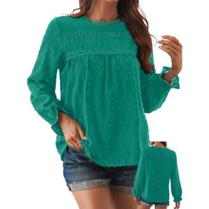 imageWomens Boho Tops Long Sleeve Shirts For Women Cute Crewneck Blouse Dressy Casual Swiss Dot Crochet Hollow Top 2025Turquoise