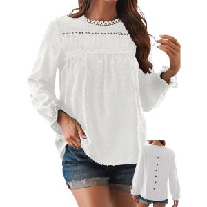 imageWomens Boho Tops Long Sleeve Shirts For Women Cute Crewneck Blouse Dressy Casual Swiss Dot Crochet Hollow Top 2025White