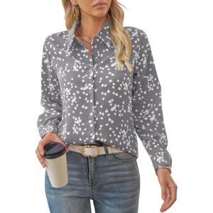 imageWomens Business Casual V Neck Floral Print Long Sleeve Blouses Fashion Button Down Tops Roll Up Bohemian ShirtsGray