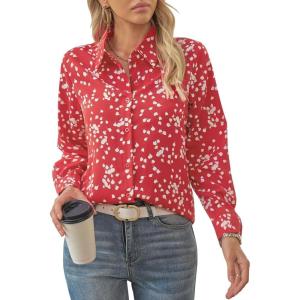 imageWomens Business Casual V Neck Floral Print Long Sleeve Blouses Fashion Button Down Tops Roll Up Bohemian ShirtsRed