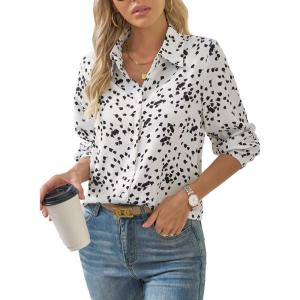 imageWomens Business Casual V Neck Floral Print Long Sleeve Blouses Fashion Button Down Tops Roll Up Bohemian ShirtsWhite