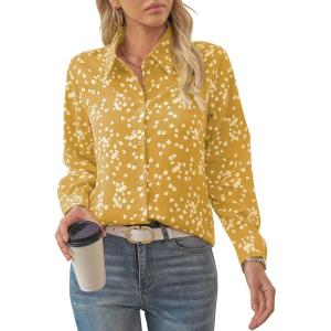 imageWomens Business Casual V Neck Floral Print Long Sleeve Blouses Fashion Button Down Tops Roll Up Bohemian ShirtsYellow