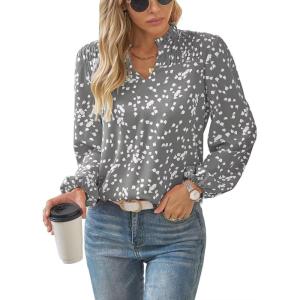 imageWomens Dressy Casual V Neck Smocked Long Sleeve Floral Print Chiffon Blouses Bohemian Business TopsGrey