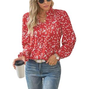 imageWomens Dressy Casual V Neck Smocked Long Sleeve Floral Print Chiffon Blouses Bohemian Business TopsRed