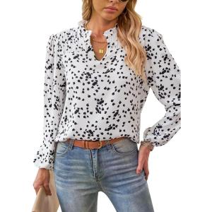 imageWomens Dressy Casual V Neck Smocked Long Sleeve Floral Print Chiffon Blouses Bohemian Business TopsWhite