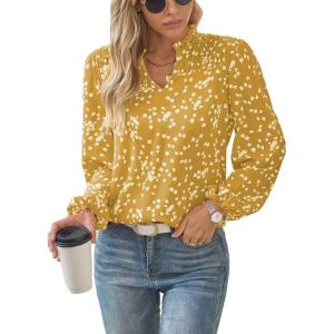 imageWomens Dressy Casual V Neck Smocked Long Sleeve Floral Print Chiffon Blouses Bohemian Business TopsYellow