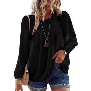 imageWomens Fall Tops Crewneck Long Sleeve Shirts Casual Chiffon Blouses Flowy Lace Hem Boho Clothing Trendy 2025Black