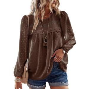 imageWomens Fall Tops Crewneck Long Sleeve Shirts Casual Chiffon Blouses Flowy Lace Hem Boho Clothing Trendy 2025Brown