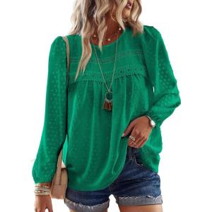 imageWomens Fall Tops Crewneck Long Sleeve Shirts Casual Chiffon Blouses Flowy Lace Hem Boho Clothing Trendy 2025Clover Green