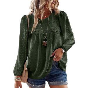imageWomens Fall Tops Crewneck Long Sleeve Shirts Casual Chiffon Blouses Flowy Lace Hem Boho Clothing Trendy 2025Greengreen Dots
