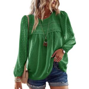 imageWomens Fall Tops Crewneck Long Sleeve Shirts Casual Chiffon Blouses Flowy Lace Hem Boho Clothing Trendy 2025Kelly Green