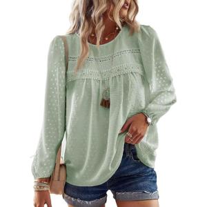 imageWomens Fall Tops Crewneck Long Sleeve Shirts Casual Chiffon Blouses Flowy Lace Hem Boho Clothing Trendy 2025Light Green