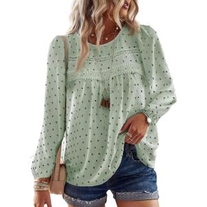 imageWomens Fall Tops Crewneck Long Sleeve Shirts Casual Chiffon Blouses Flowy Lace Hem Boho Clothing Trendy 2025Light Greenblack Dots