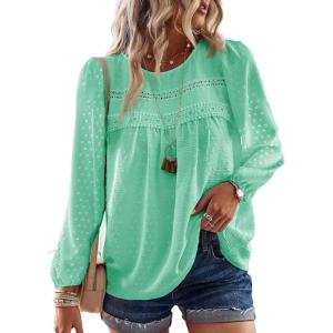 imageWomens Fall Tops Crewneck Long Sleeve Shirts Casual Chiffon Blouses Flowy Lace Hem Boho Clothing Trendy 2025Light Teal