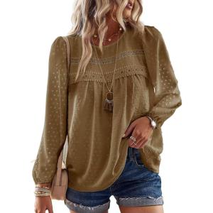 imageWomens Fall Tops Crewneck Long Sleeve Shirts Casual Chiffon Blouses Flowy Lace Hem Boho Clothing Trendy 2025Mocha