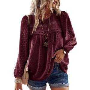 imageWomens Fall Tops Crewneck Long Sleeve Shirts Casual Chiffon Blouses Flowy Lace Hem Boho Clothing Trendy 2025Mulberry