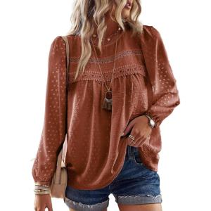 imageWomens Fall Tops Crewneck Long Sleeve Shirts Casual Chiffon Blouses Flowy Lace Hem Boho Clothing Trendy 2025Orange