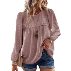 imageWomens Fall Tops Crewneck Long Sleeve Shirts Casual Chiffon Blouses Flowy Lace Hem Boho Clothing Trendy 2025Pink