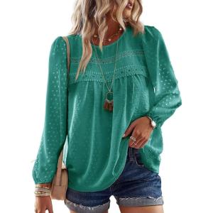 imageWomens Fall Tops Crewneck Long Sleeve Shirts Casual Chiffon Blouses Flowy Lace Hem Boho Clothing Trendy 2025Turquoise