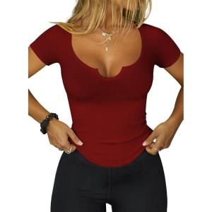 imageWomens Going Out ShortLong Sleeve Crop Tops Sexy V Neck Shirts Ribbed Blouses for Women Y2K Tee Fitted Slim TShirtAburgundy