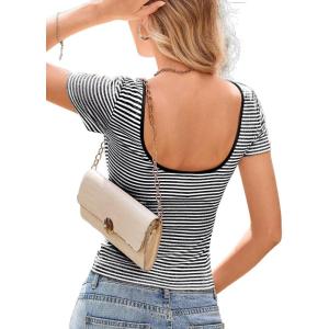 imageWomens Summer ShortLong Sleeve Tops Sexy Backless Striped Shirts Going Out TShirt Y2K Crop Blouse Boat Neck OutfitAblack