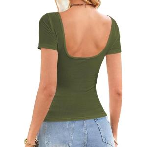 imageWomens Summer ShortLong Sleeve Tops Sexy Backless Striped Shirts Going Out TShirt Y2K Crop Blouse Boat Neck OutfitAsolid Army Green