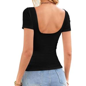 imageWomens Summer ShortLong Sleeve Tops Sexy Backless Striped Shirts Going Out TShirt Y2K Crop Blouse Boat Neck OutfitAsolid Black