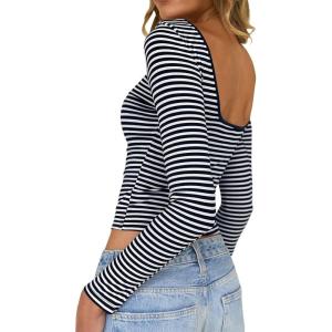 imageWomens Summer ShortLong Sleeve Tops Sexy Backless Striped Shirts Going Out TShirt Y2K Crop Blouse Boat Neck OutfitBlue