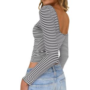 imageWomens Summer ShortLong Sleeve Tops Sexy Backless Striped Shirts Going Out TShirt Y2K Crop Blouse Boat Neck OutfitGrey
