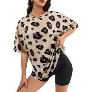imageWomens Summer T Shirt Leopard Print Tops for Women Trendy Crewneck Short Sleeve Tshirt Cheetah Print Top Side SplitBeige