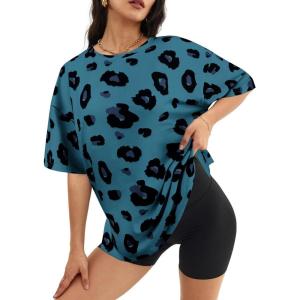 imageWomens Summer T Shirt Leopard Print Tops for Women Trendy Crewneck Short Sleeve Tshirt Cheetah Print Top Side SplitBlue