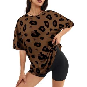 imageWomens Summer T Shirt Leopard Print Tops for Women Trendy Crewneck Short Sleeve Tshirt Cheetah Print Top Side SplitBrown